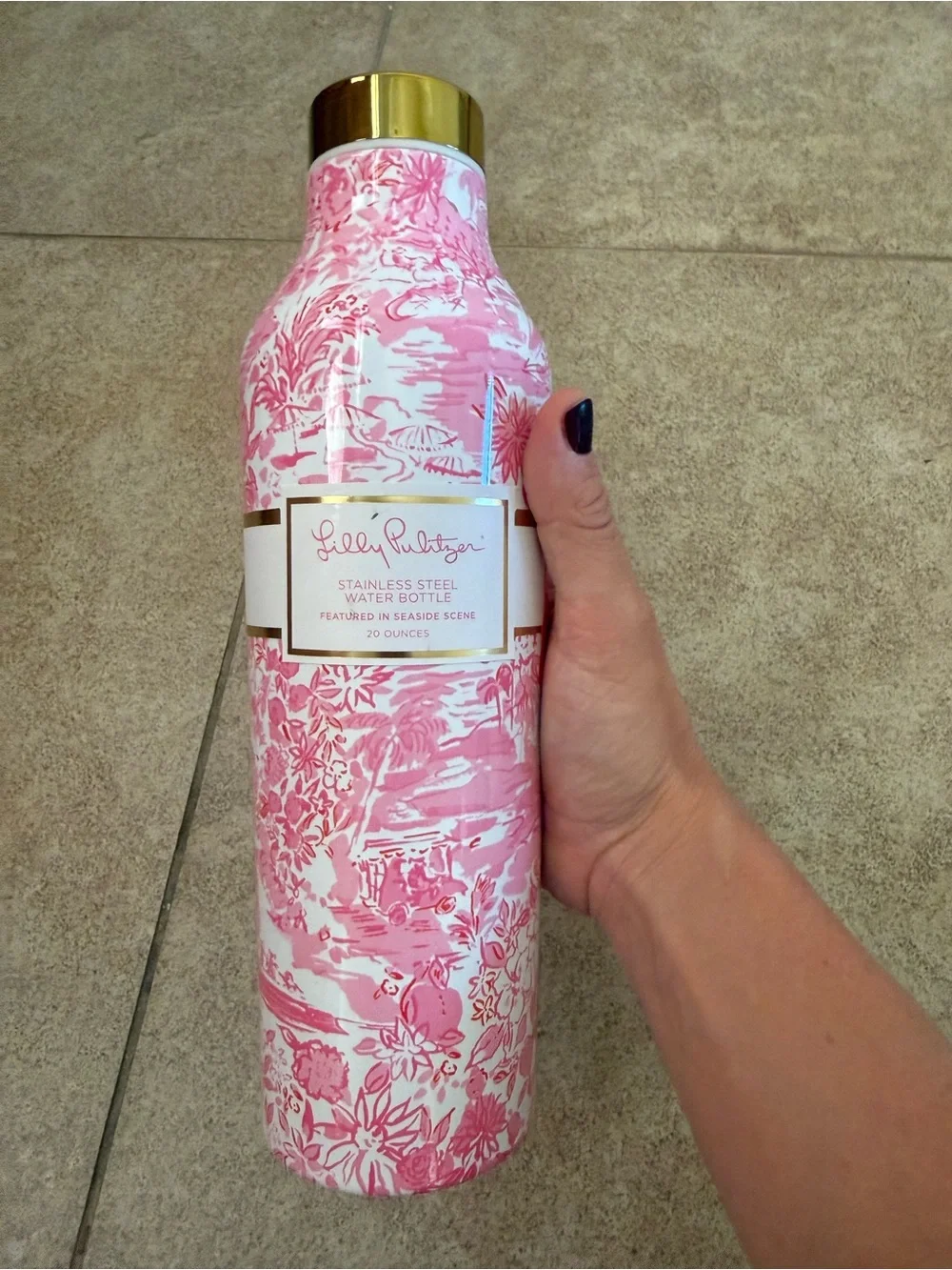 Lilly Pulitzer Pink Floral Insulated Water Bottle with Gold Cap